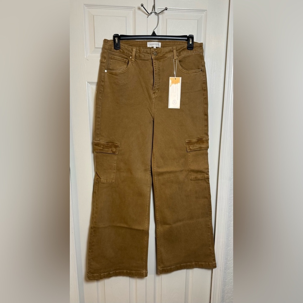 Risen Jeans Brown Cargo Wide Leg Flare Jeans 1XL NWT Stretch Denim